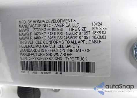 2025 Honda Ridgeline Trailsport из США, поврежденный, VIN 5FPYK3F68SB009843